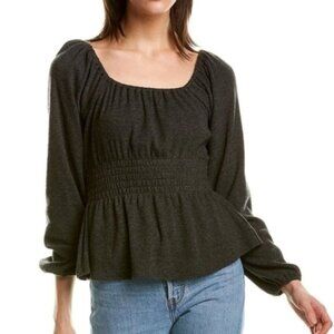 Madewell Plush Square Neck Smocked Top in Grey Black Size Medium
